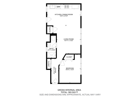 A floor plan of a house with a living room, dining room, kitchen, and closet.